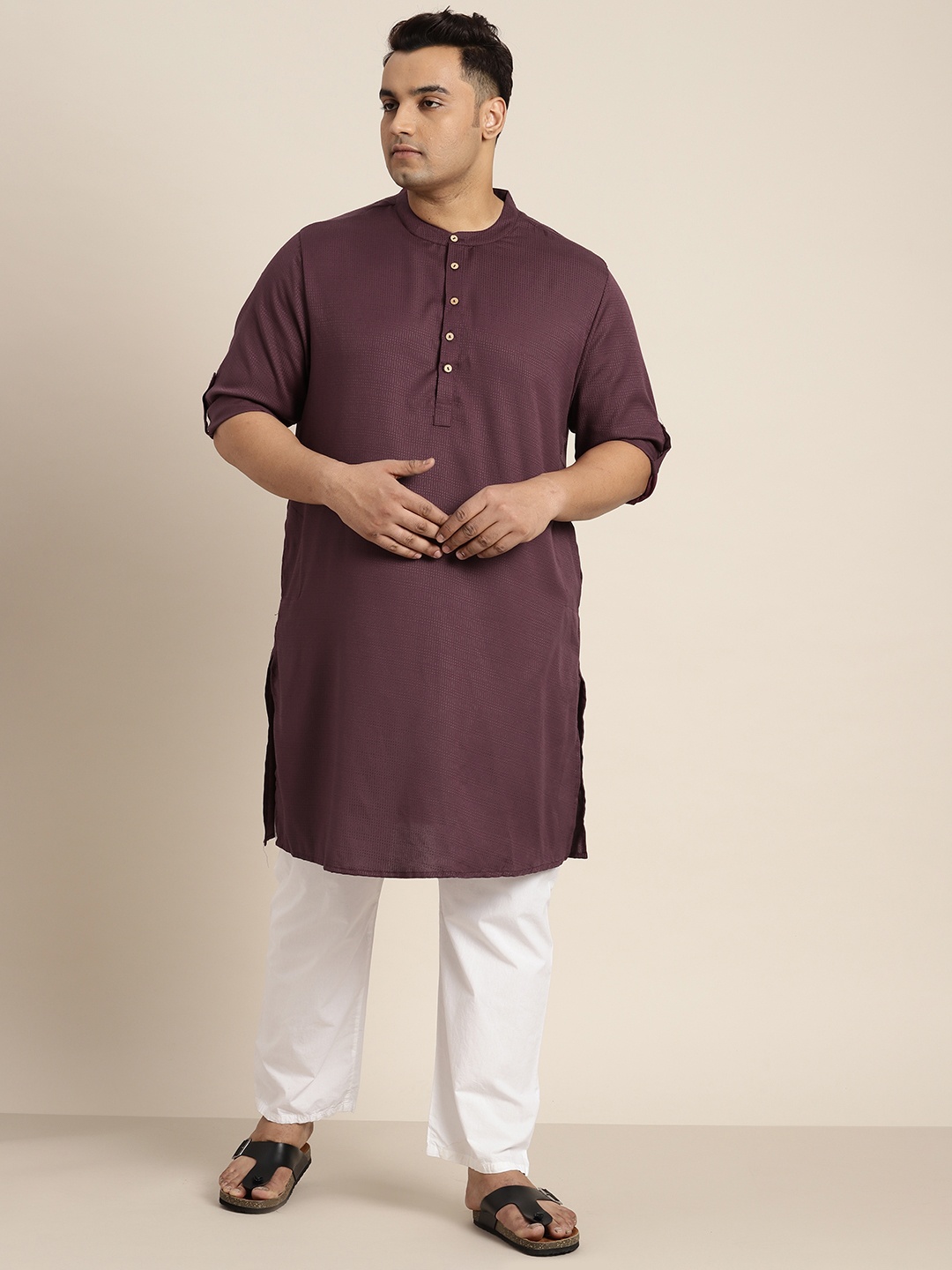 

Sztori Men Plus Size Self-Striped Kurta, Burgundy