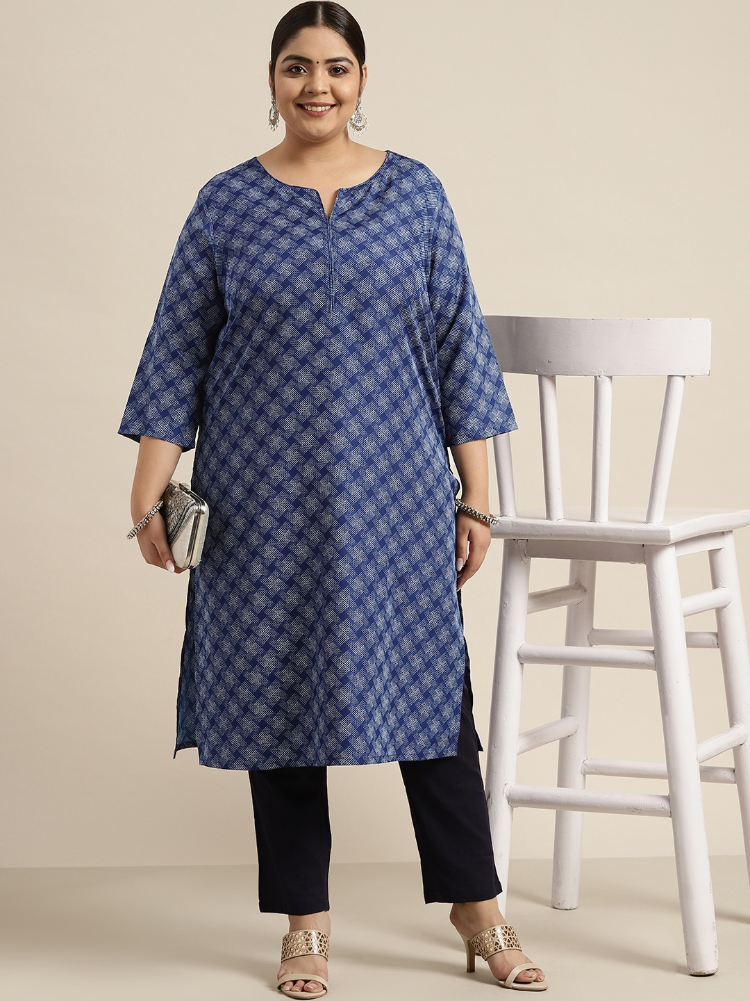 

Sztori Women Plus Size Blue & Off White Printed Kurta