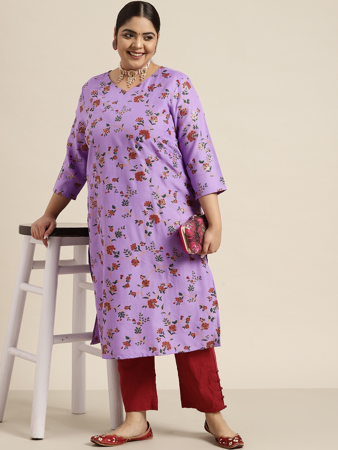 

Sztori Women Plus Size Purple & Maroon Foil Print Kurta