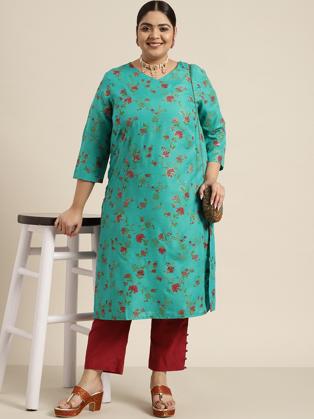 

Sztori Women Plus Size Green & Red Floral Print Kurta