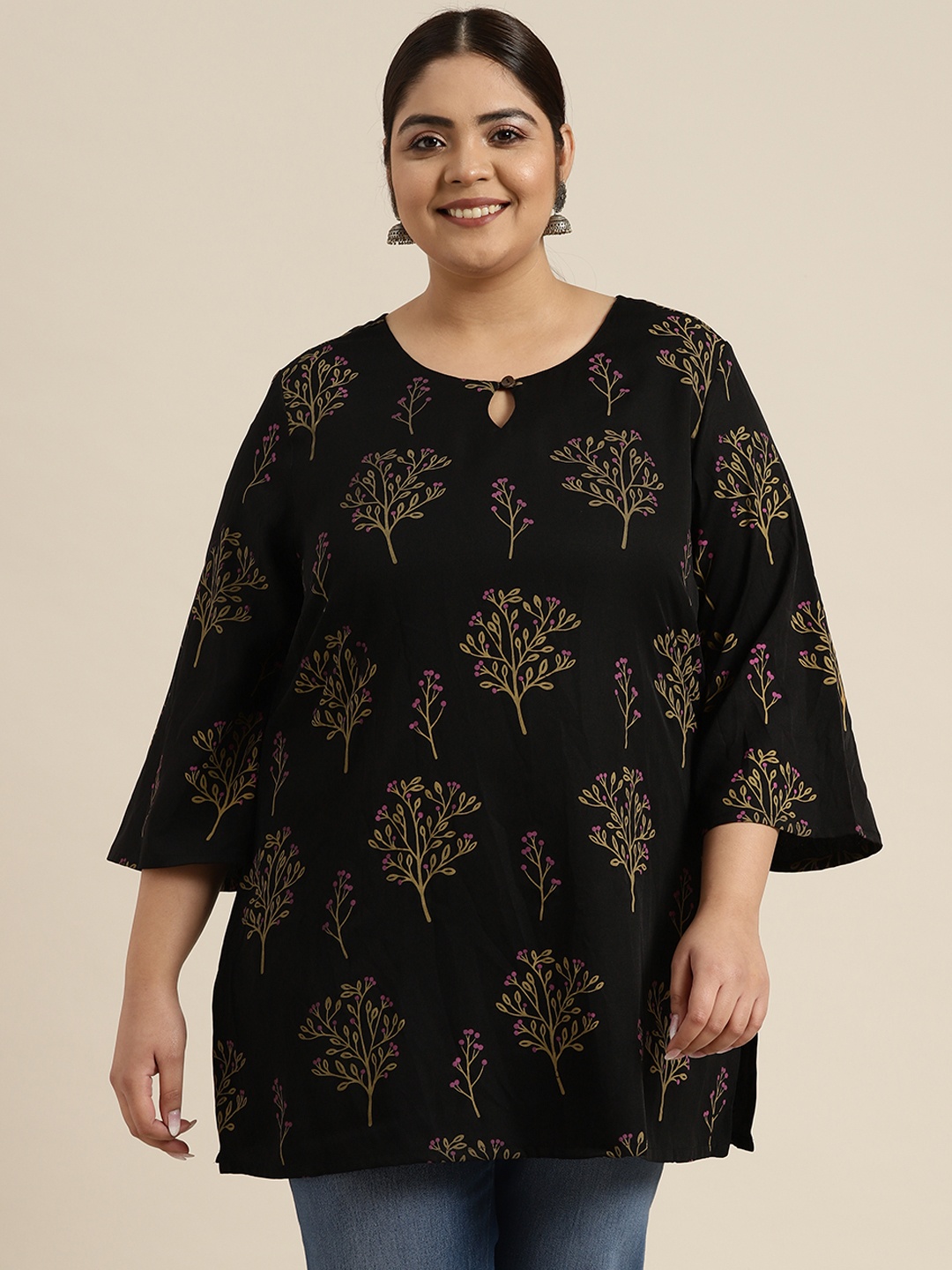 

Sztori Plus Size Black & Brown Ethnic Motifs Printed Kurti