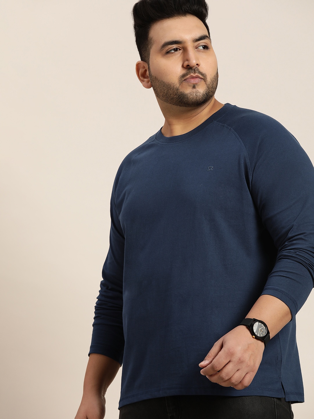 

Sztori Men Plus Size Navy Blue Pure Cotton Solid T-shirt