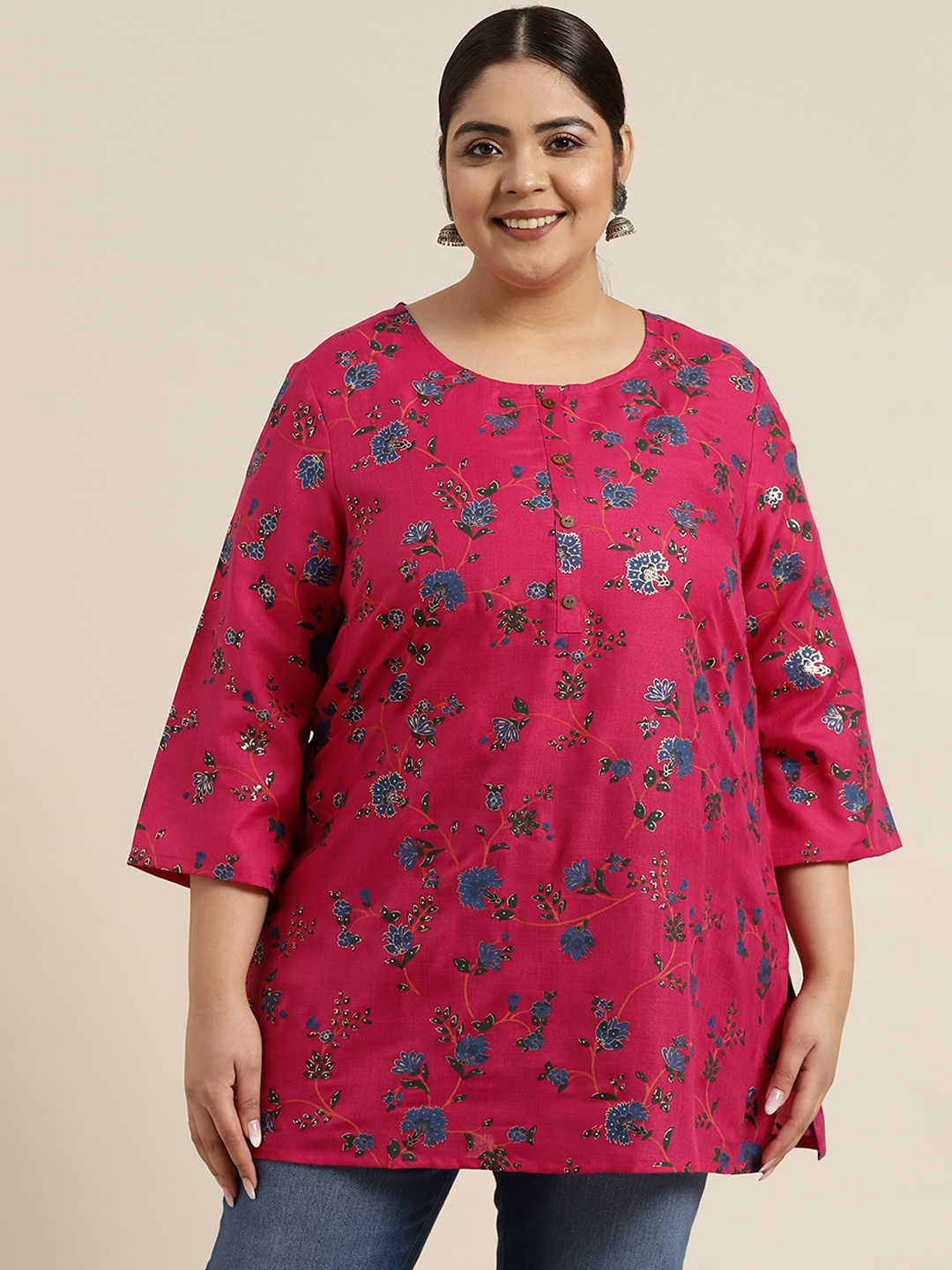 

Sztori Plus Size Fuchsia & Blue Floral Printed Kurti