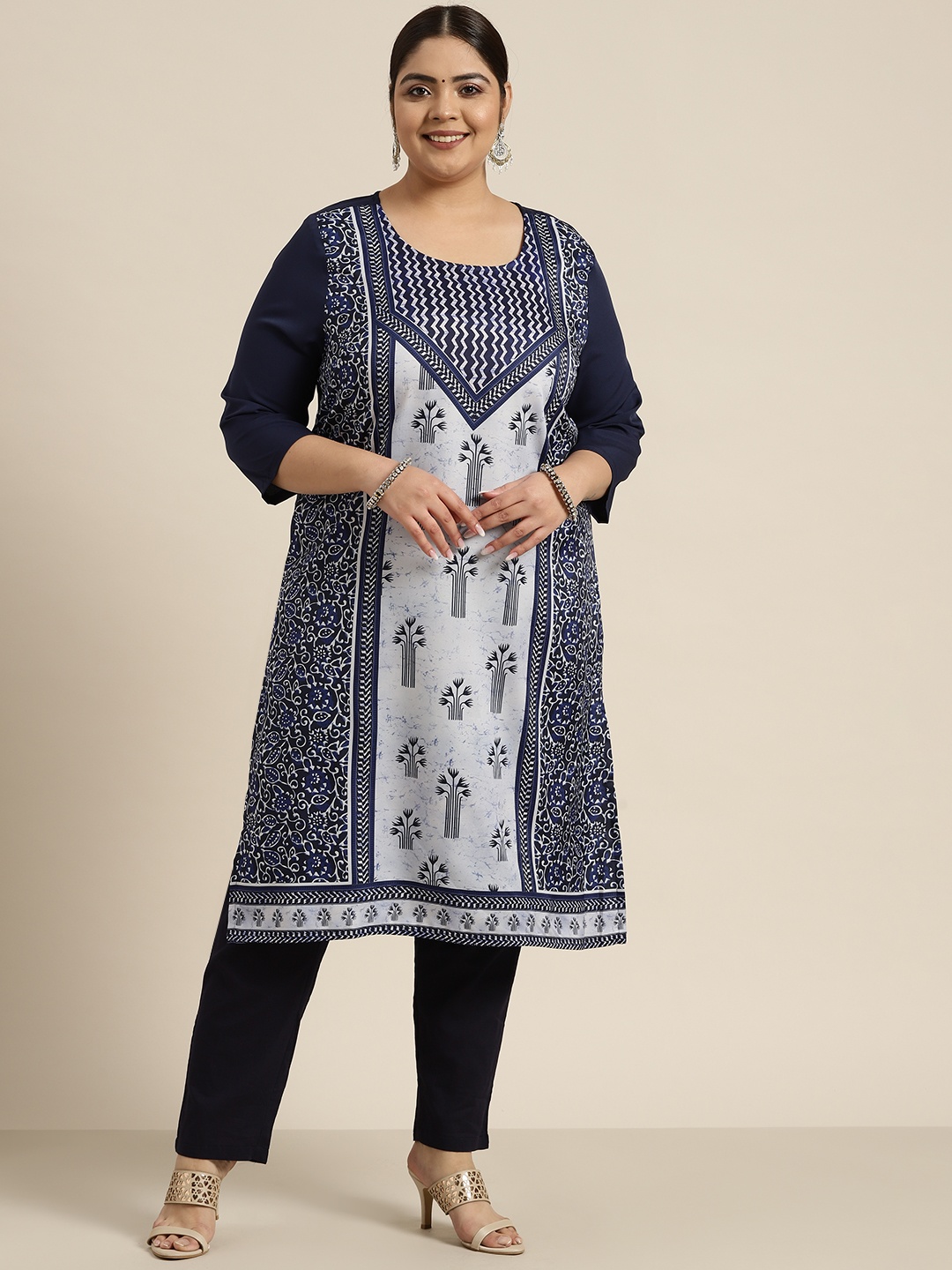 

Sztori Women Plus Size Navy Blue & Off White Ethnic Motifs Print Kurta