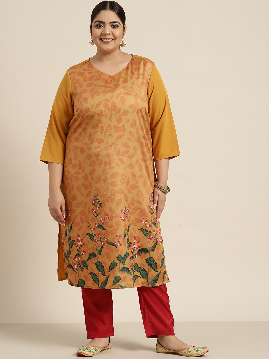 

Sztori Women Plus Size Mustard Yellow & Green Floral Printed Floral Kurta