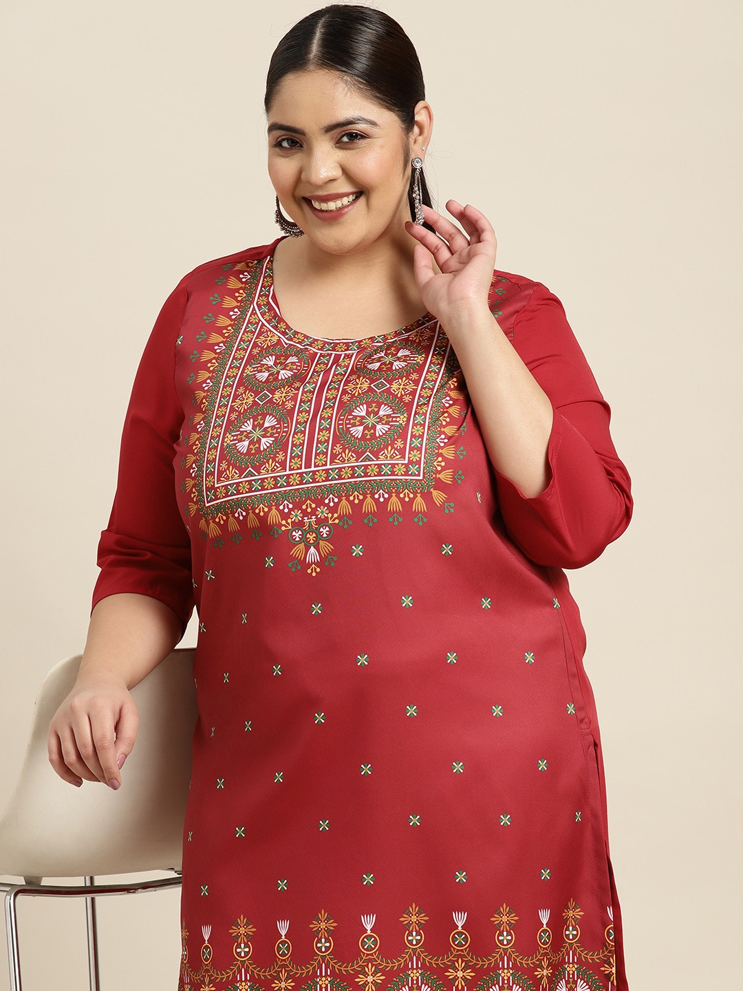 

Sztori Women Plus Size Ethnic Motifs Printed Kurta, Red