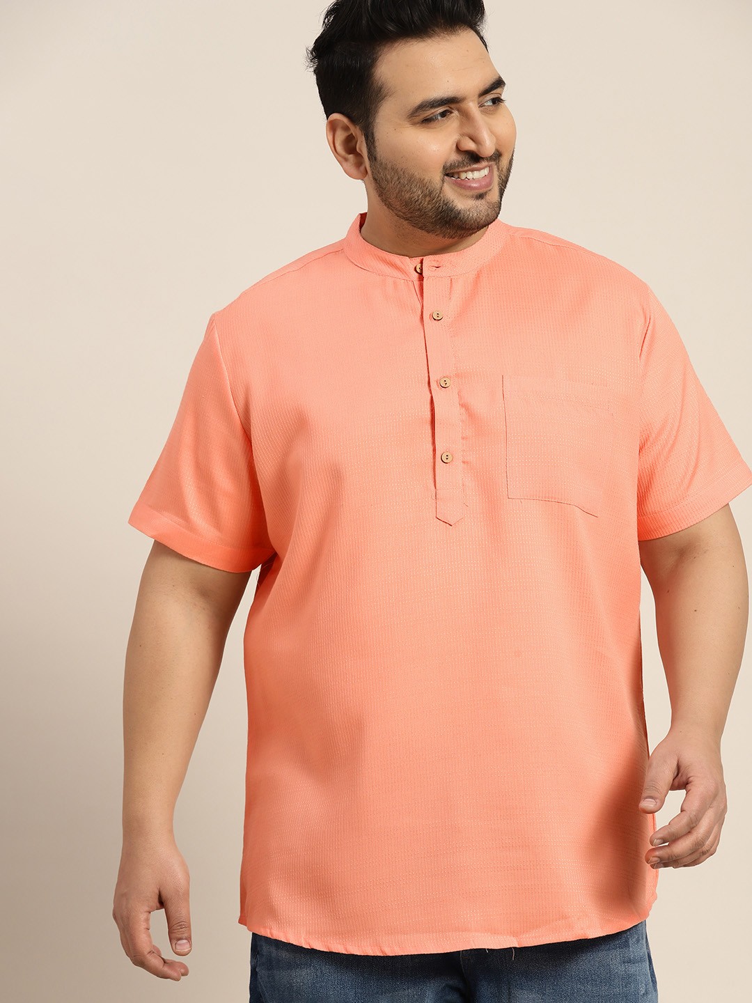 

Sztori Men Plus Size Self Design Band Collar Kurta, Coral