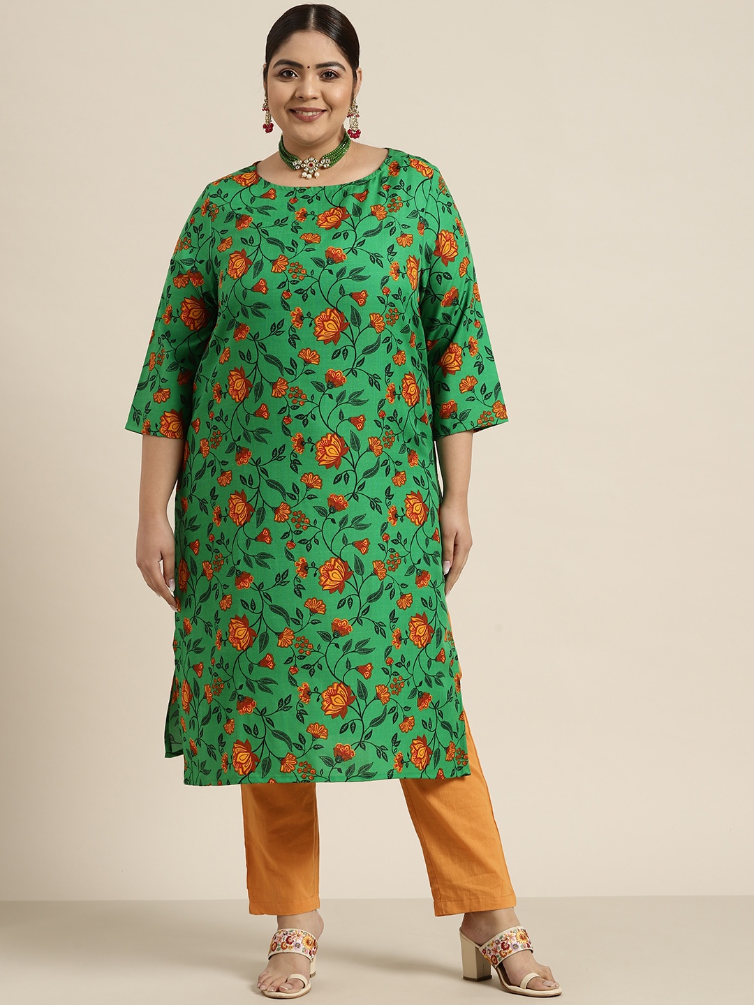 

Sztori Women Plus Size Green & Yellow Ethnic Motifs Printed Floral Kurta