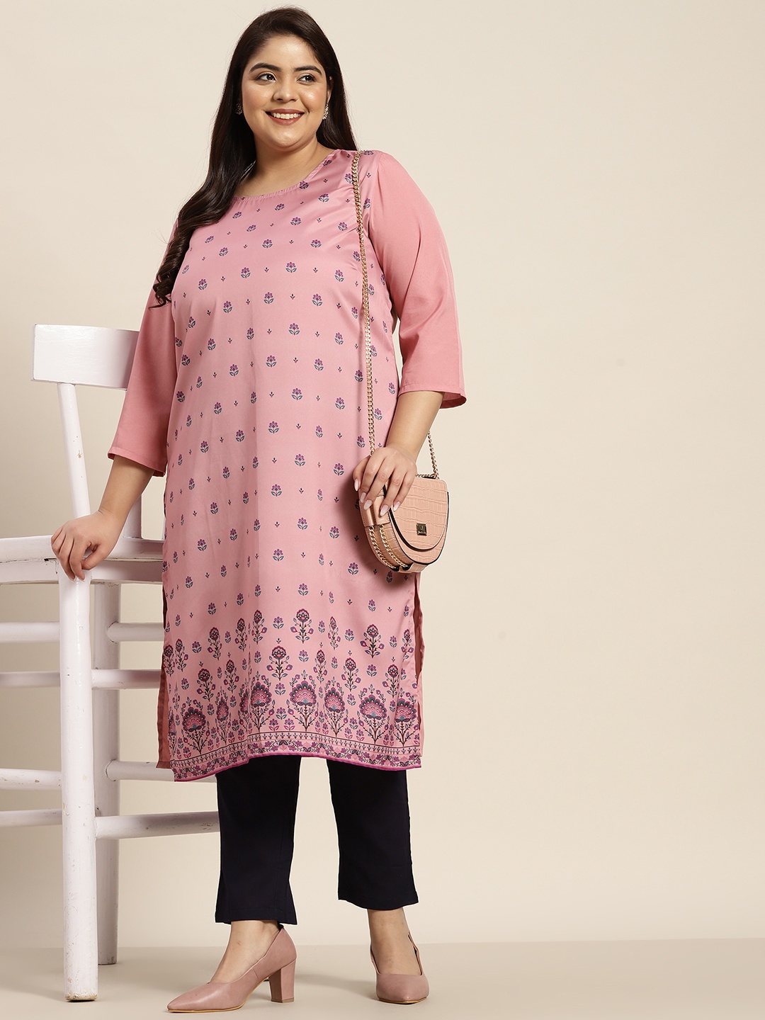 

Sztori Women Plus Size Pink & Teal Ethnic Motifs Printed Kurta