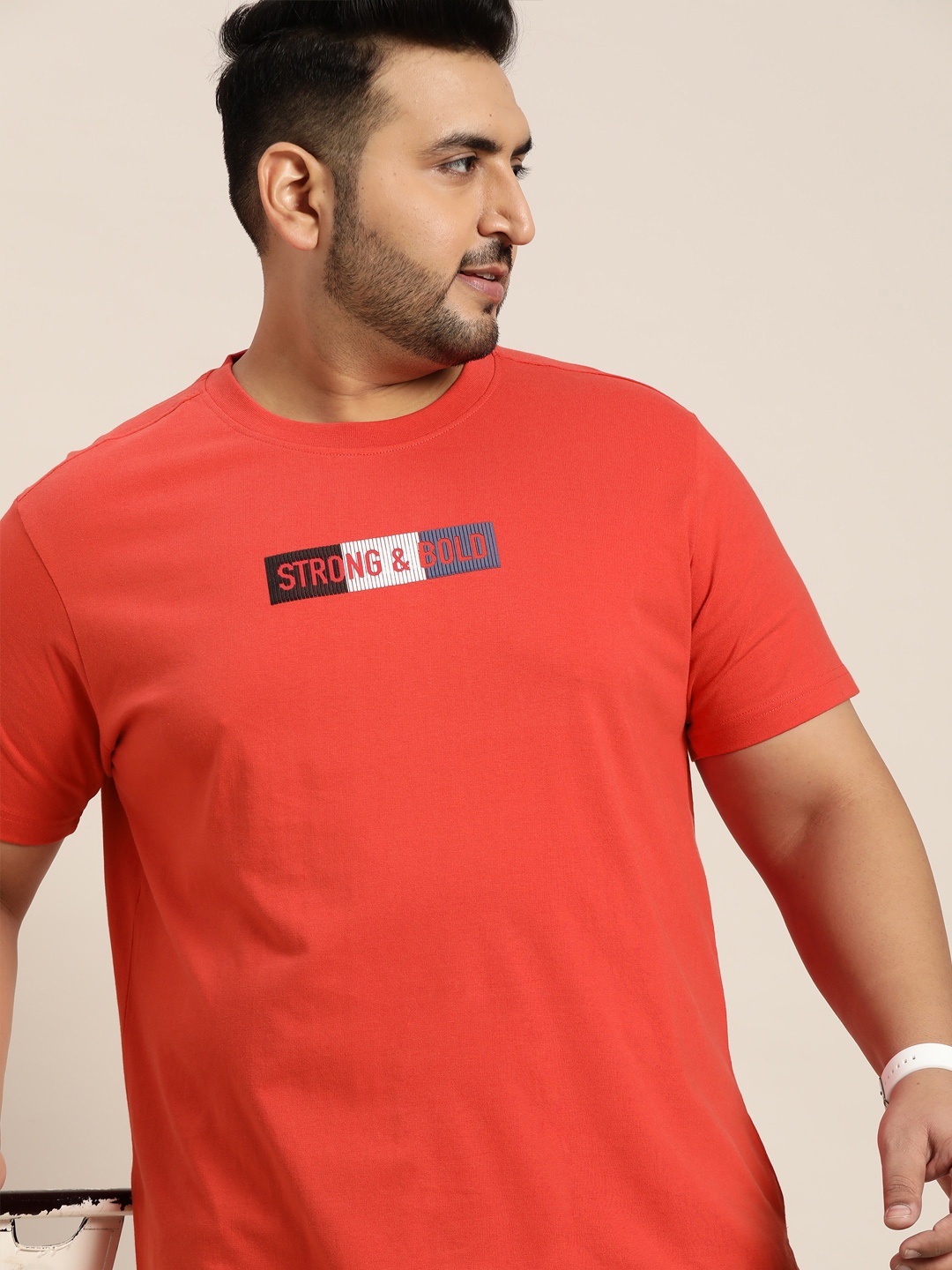 

Sztori Men Plus Size Red & White Pure Cotton Typography Emboss Printed T-shirt
