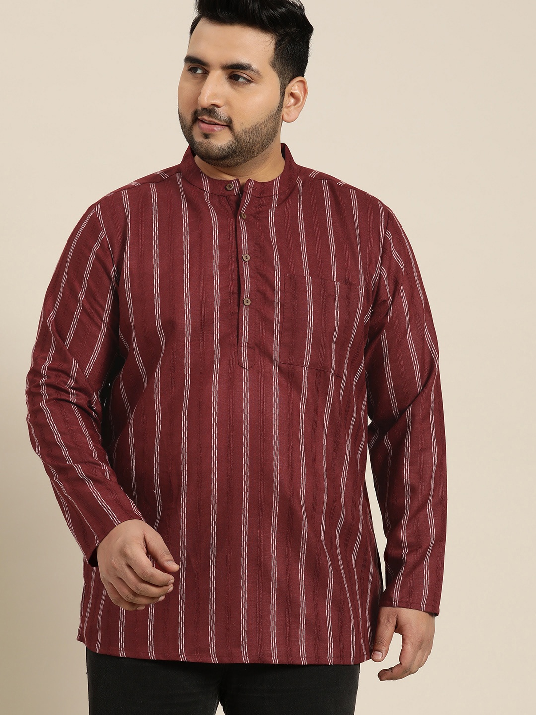 

Sztori Men Plus Size Brown & White Striped Kurta