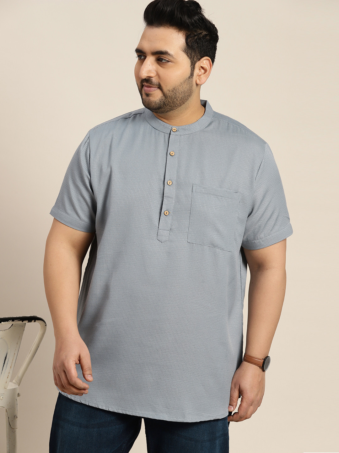 

Sztori Men Plus Size Self Design Band Collar Kurta, Blue