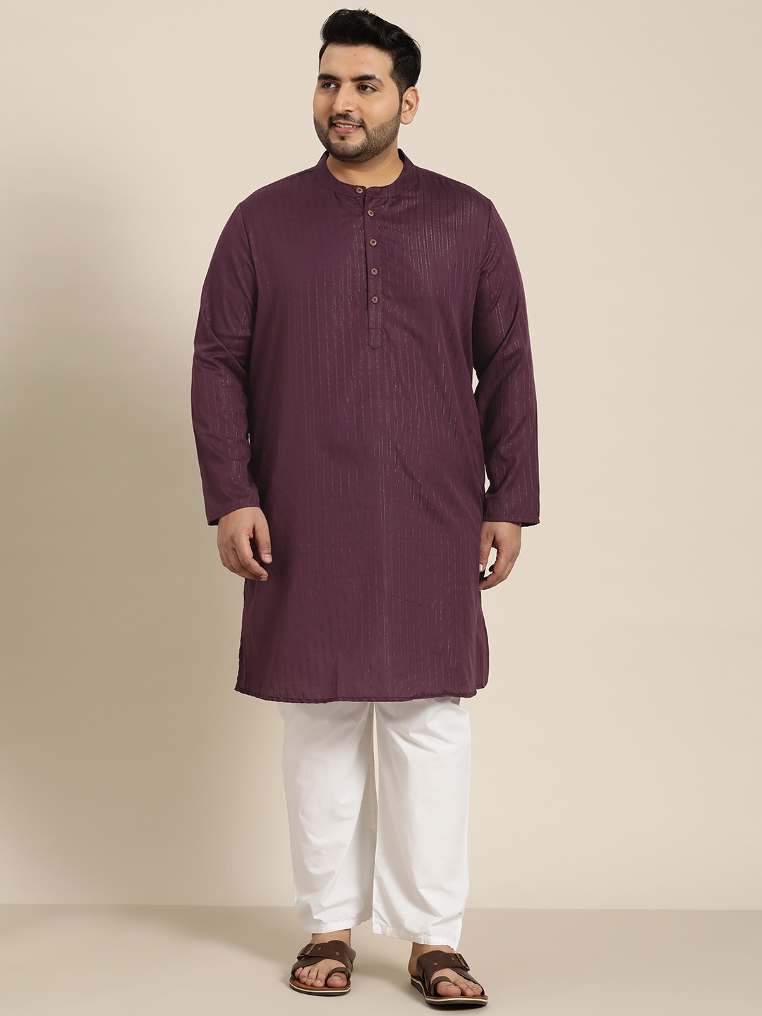 

Sztori Men Plus Size Burgundy Striped Kurta