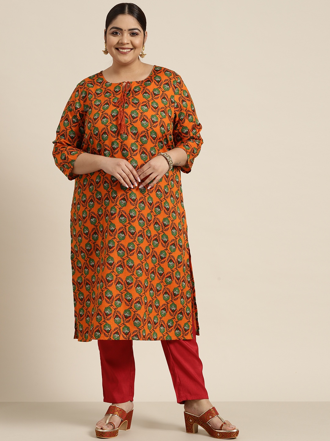

Sztori Women Plus Size Orange & Green Ethnic Motifs Printed Floral Kurta