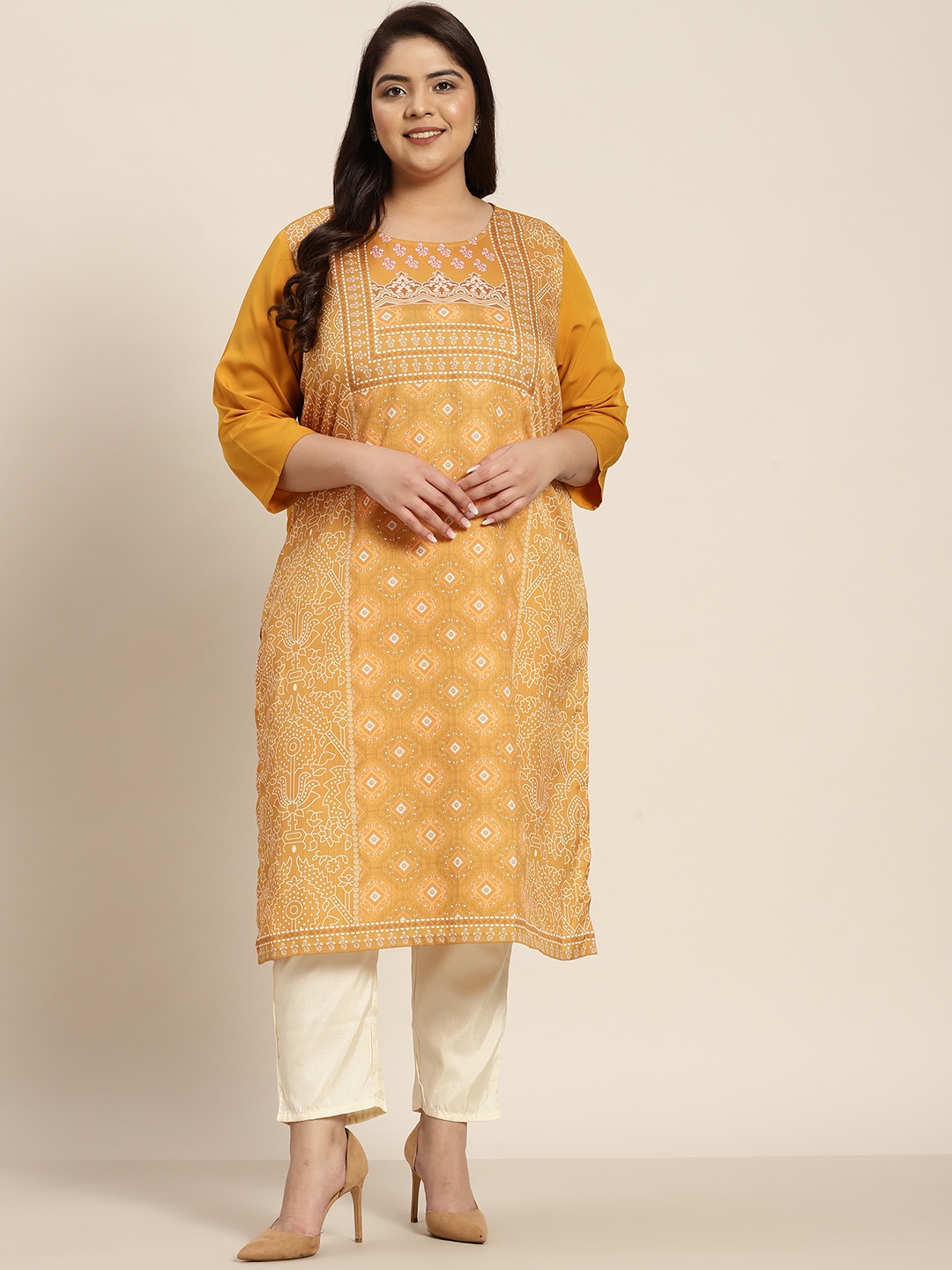 

Sztori Women Plus Size Mustard Yellow & White Ethnic Motifs Printed Kurta