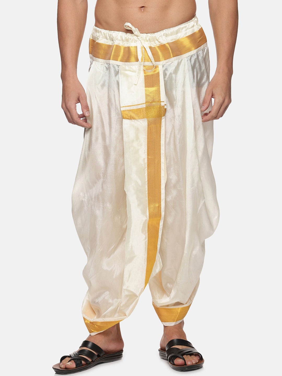 

Sethukrishna Men Cream-Coloured & Gold-Coloured Solid Art Silk Dhoti Pants