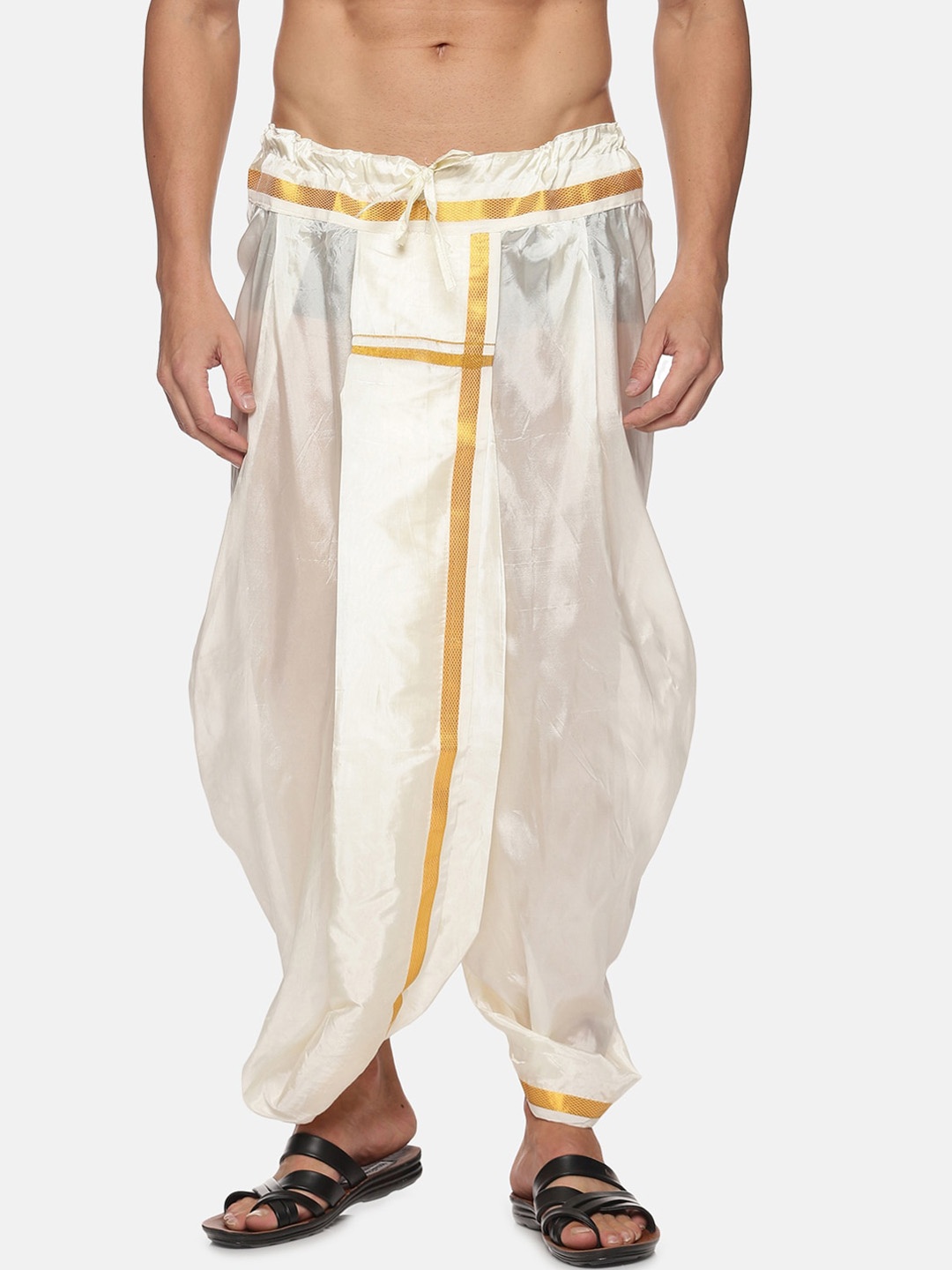 

Sethukrishna Men Cream-Coloured & Golden Solid Silk Dhoti