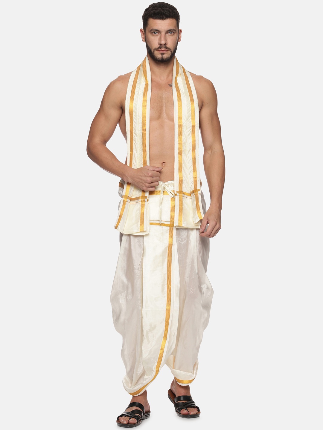 

Sethukrishna Men Cream-Coloured & Gold-Coloured Solid Silk Dhoti With Angavastram