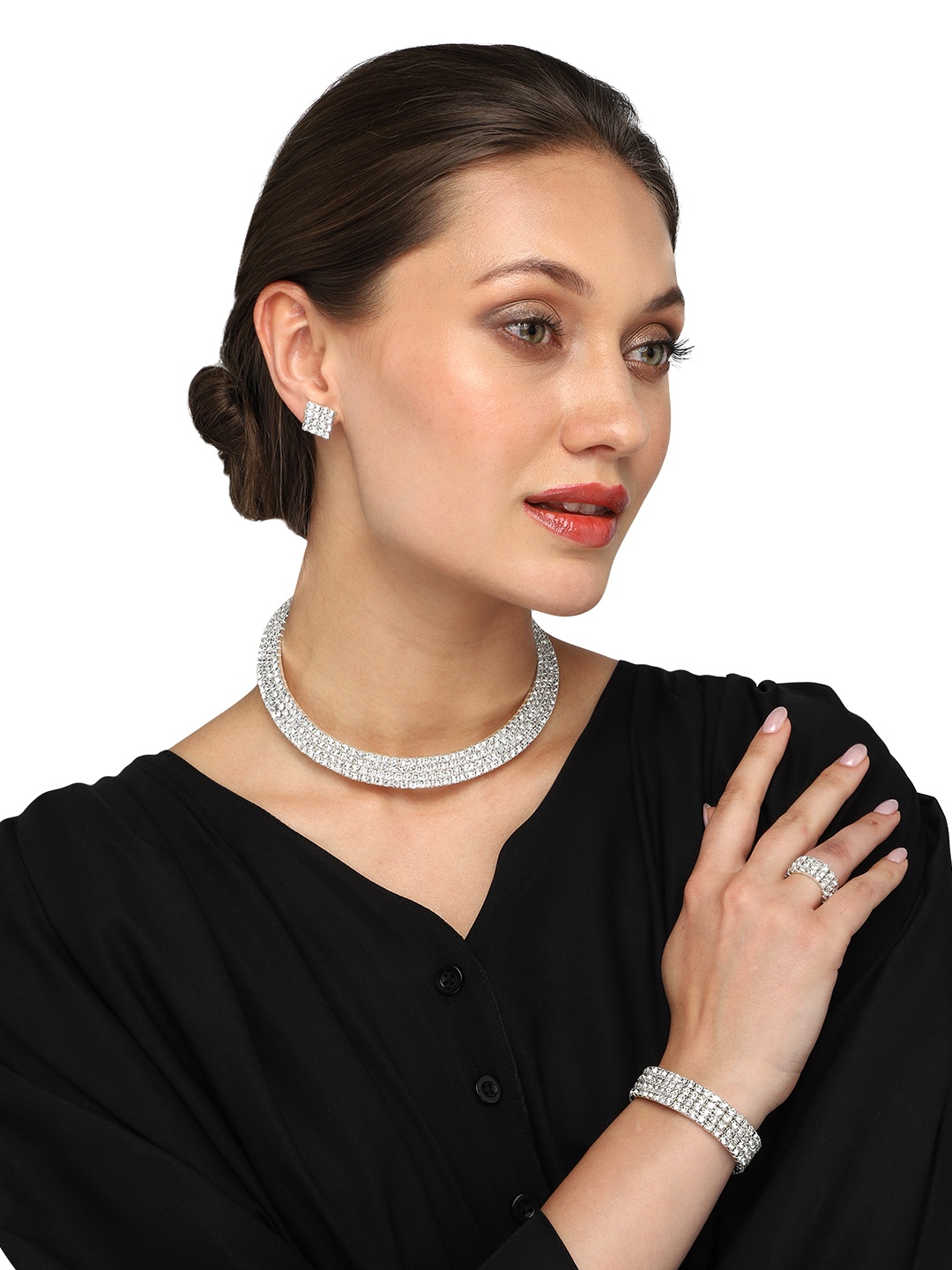 

Yellow Chimes Silver-Plated Crystal Stone Studded Necklace Set with Ring & Bracelet