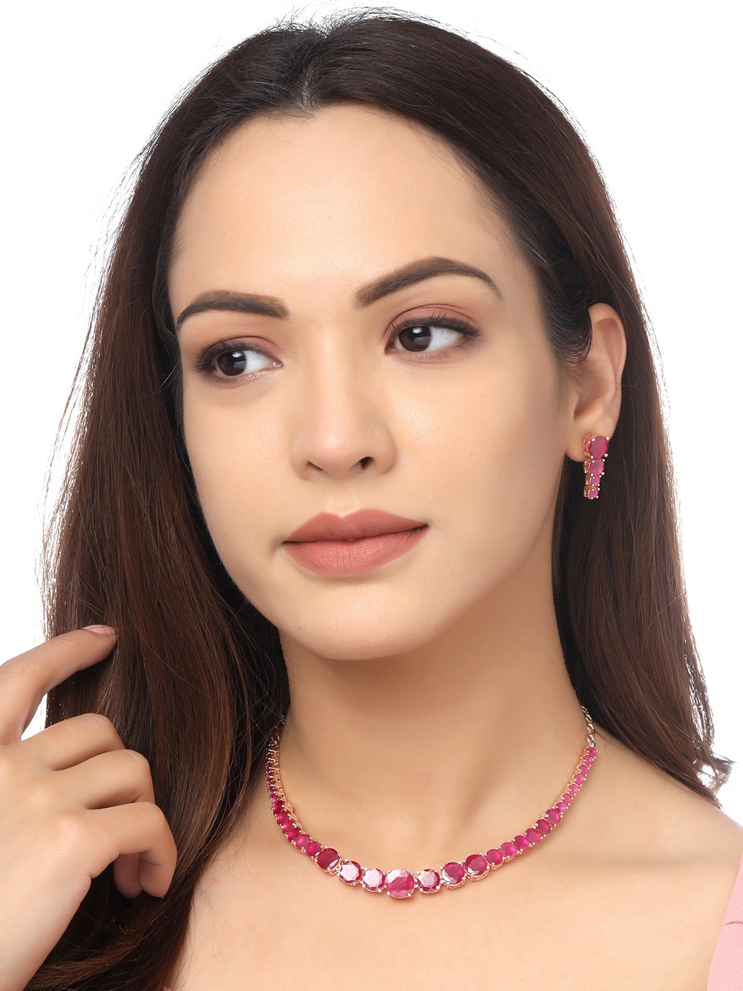 

Yellow Chimes Rose Gold Plated Pink AD Stone Studded Jewellery Set