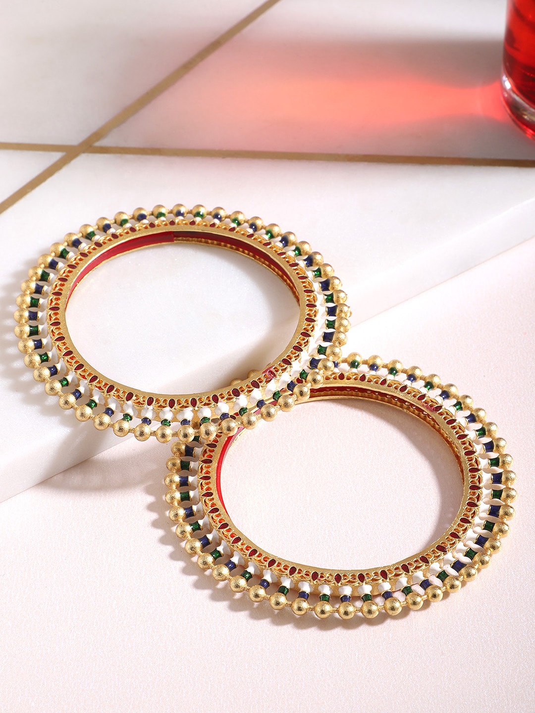 

Yellow Chimes Set Of 2 Gold Toned Beads Designed Meenakari Touch Traditional Bangles