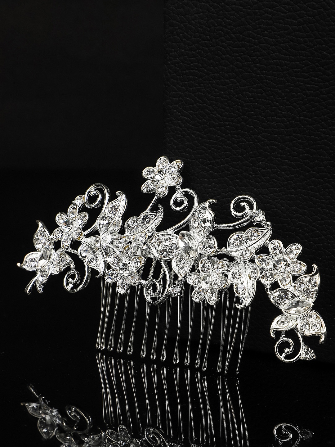 

Yellow Chimes Women White Silver-Toned Floral Crystal Studded Comb Pin