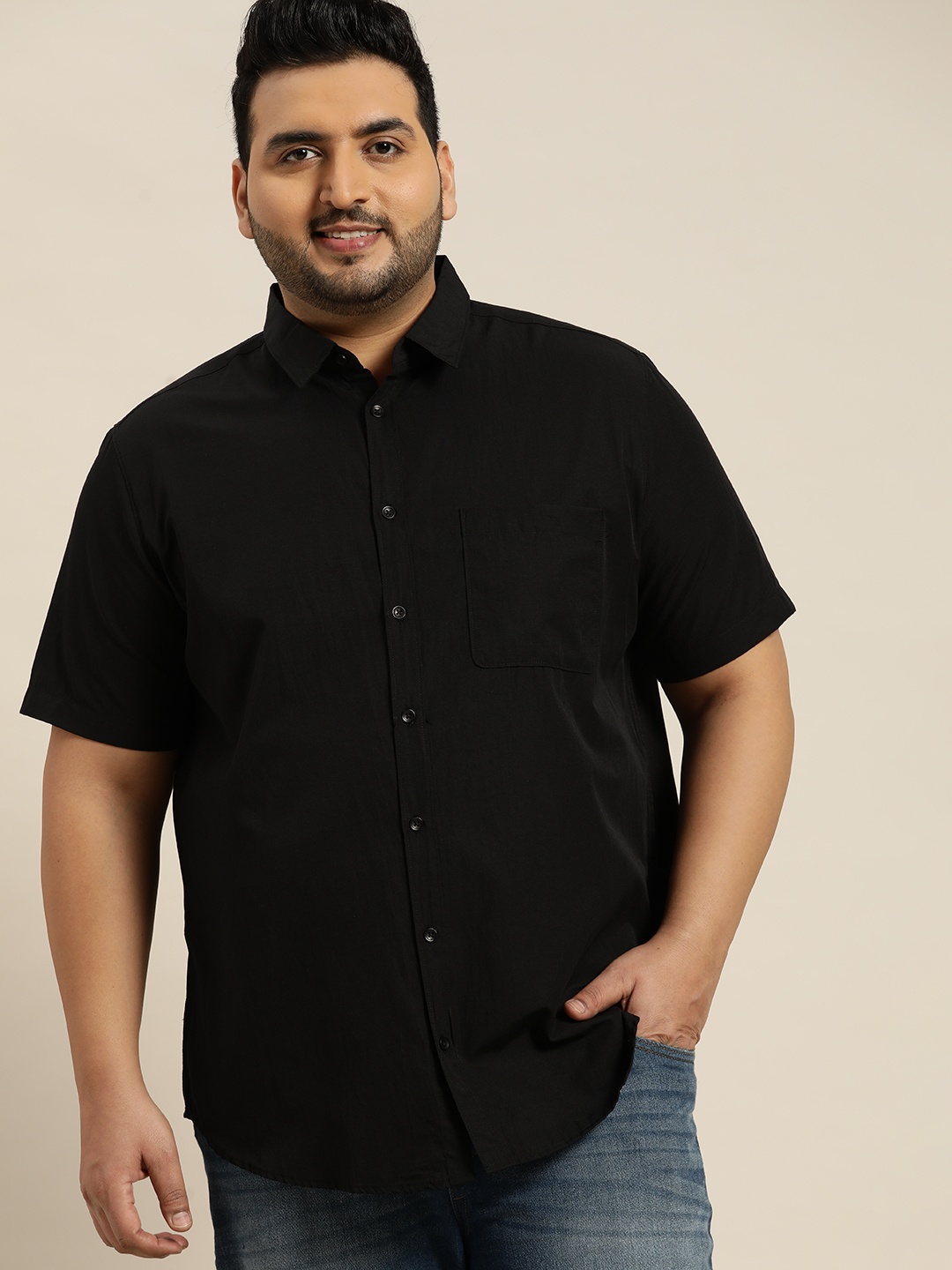 

Sztori Men Plus Size Black Solid Casual Shirt