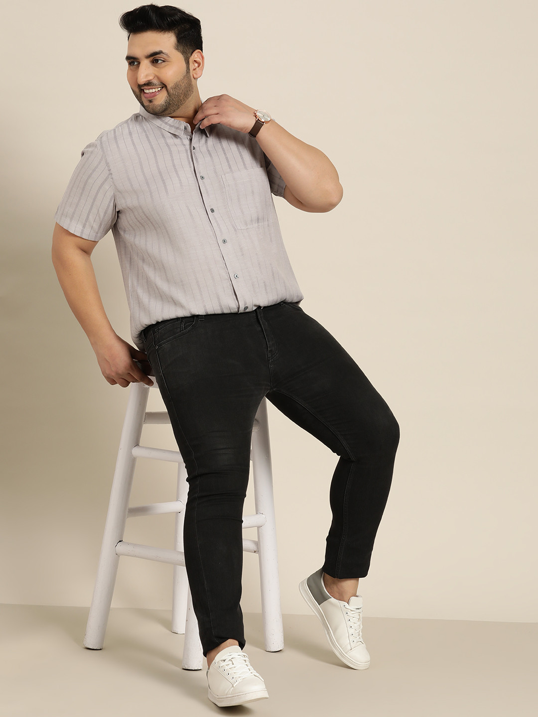

Sztori Men Plus Size Grey Striped Casual Shirt