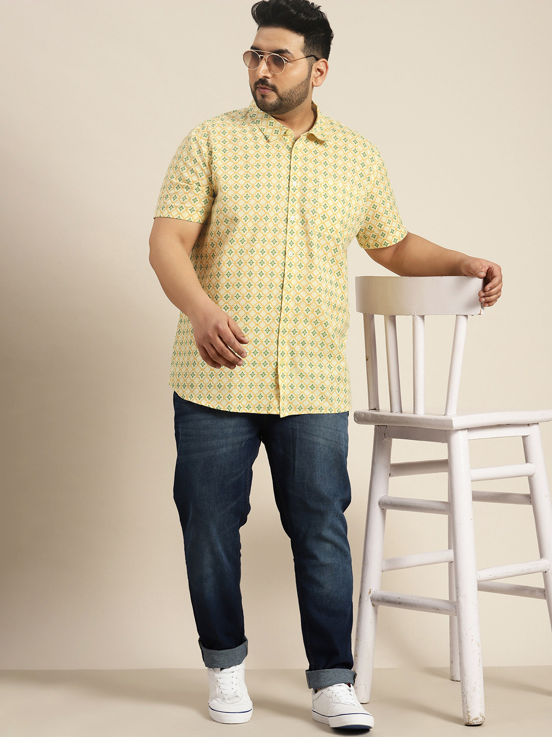 

Sztori Plus Size Ethnic Printed Cotton Linen Shirt, Yellow
