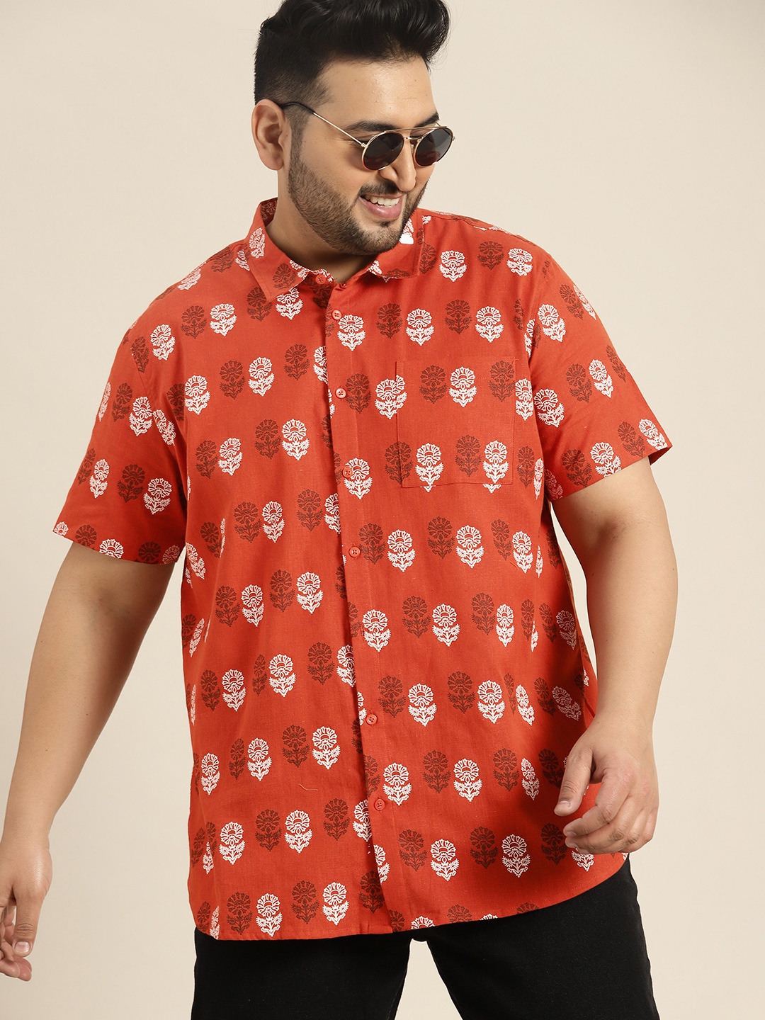 

Sztori Plus Size Ethnic Printed Cotton Linen Shirt, Orange