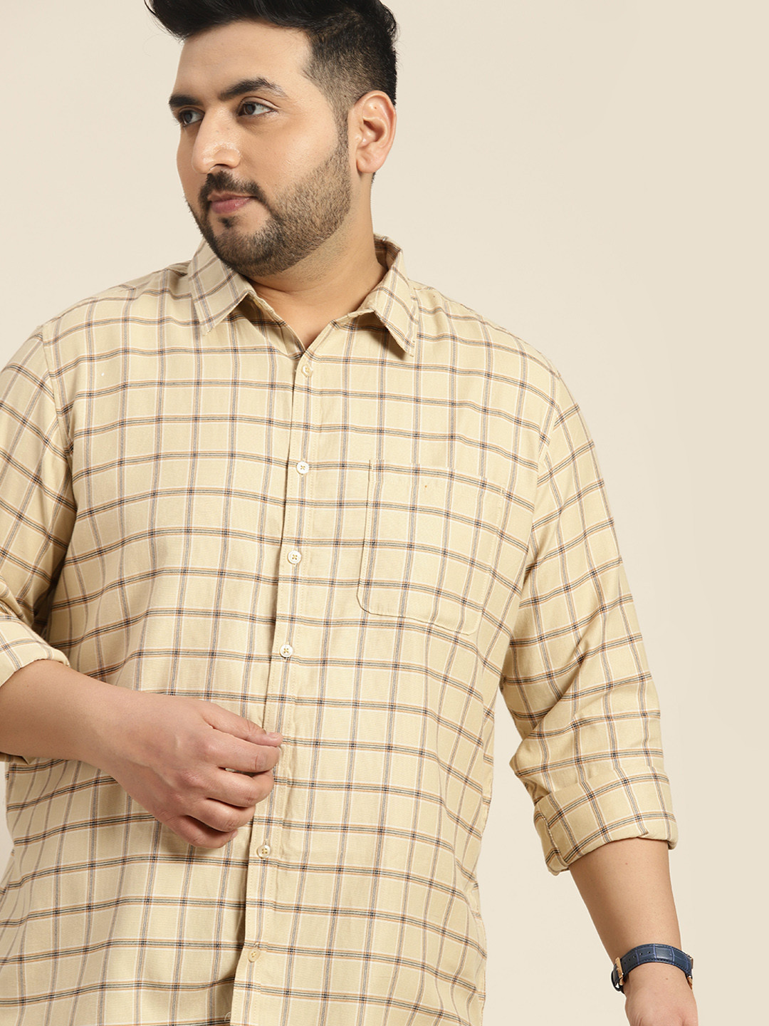 

Sztori Plus Size Cotton Grid Tattersall Checked Casual Shirt, Beige