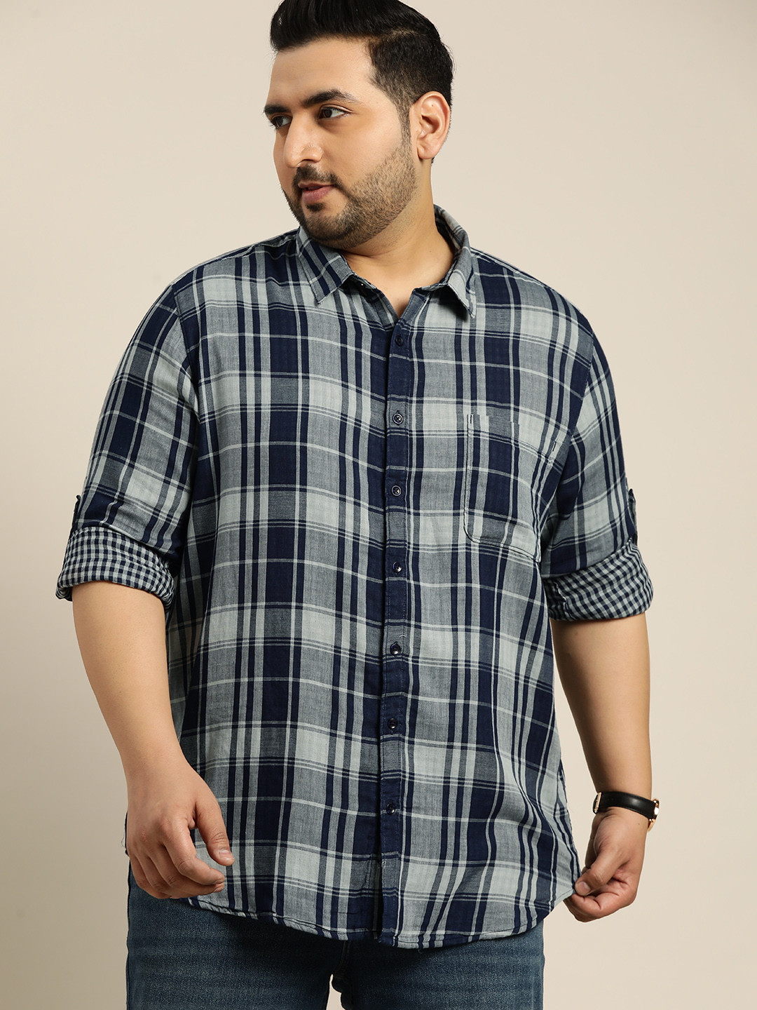 

Sztori Plus Size Pure Cotton Checked Casual Shirt, Navy blue