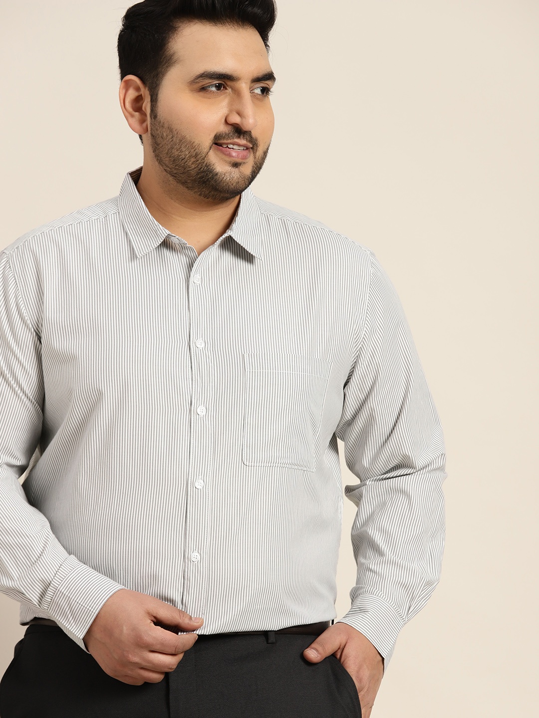 

Sztori Men Plus Size Striped Casual Shirt, Grey