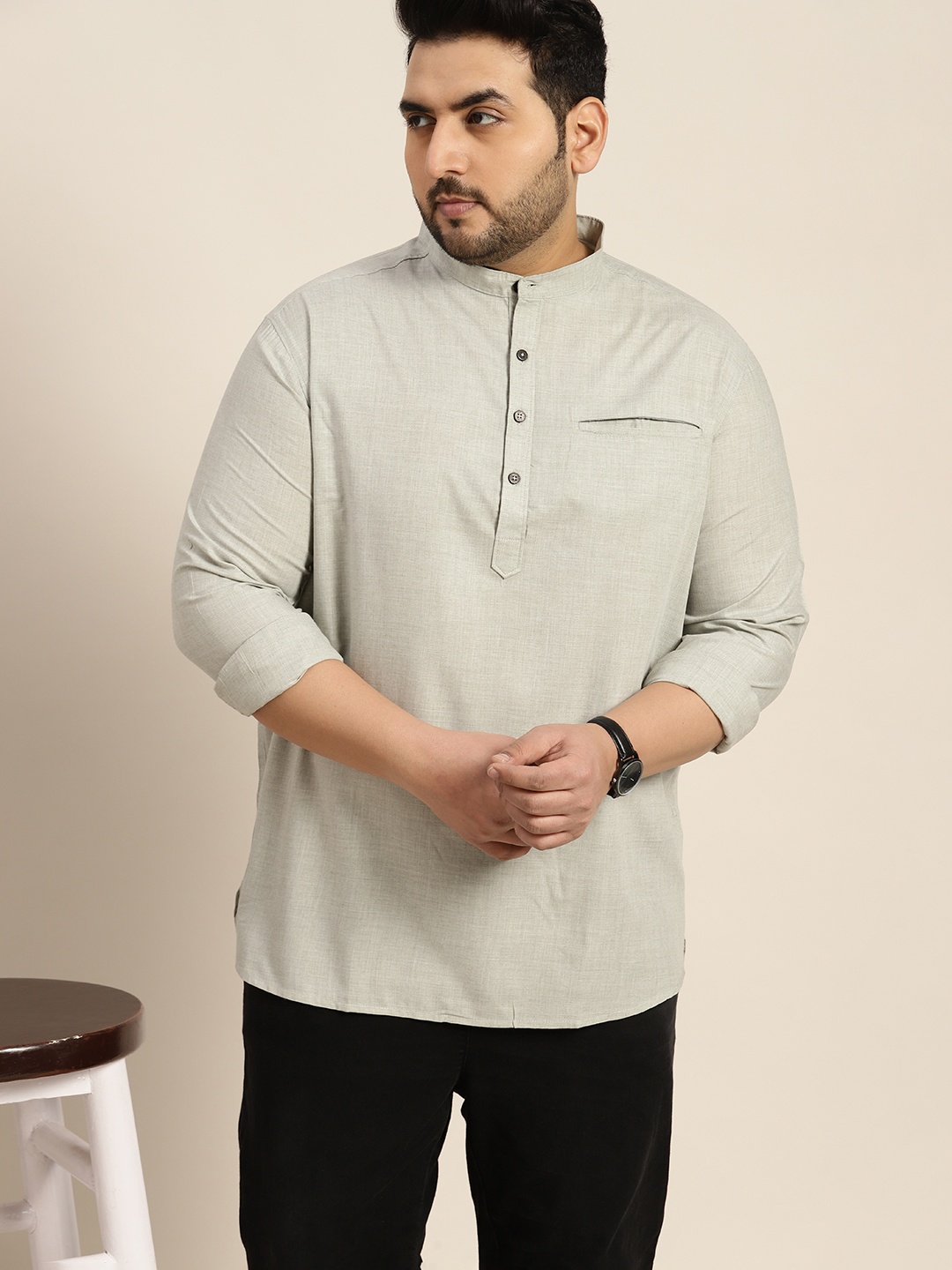 

Sztori Men Plus Size Solid Band Collar Half Placket Pure Cotton Casual Shirt, Grey melange