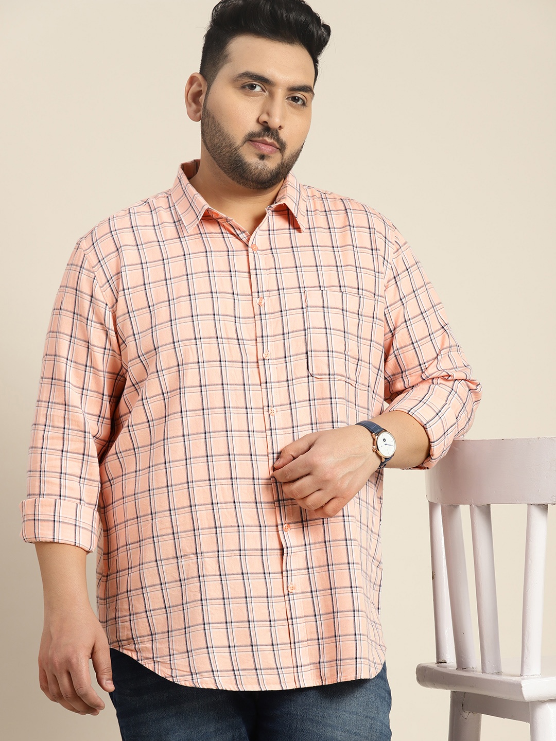

Sztori Plus Size Cotton Grid Tattersall Checked Casual Shirt, Peach