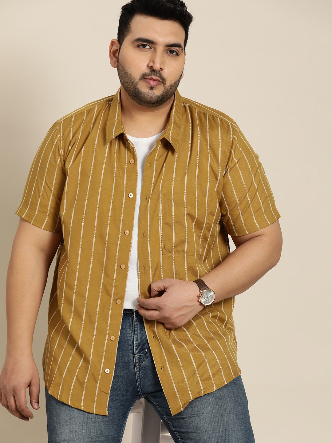 

Sztori Men Plus Size Mustard Yellow & White Striped Casual Shirt