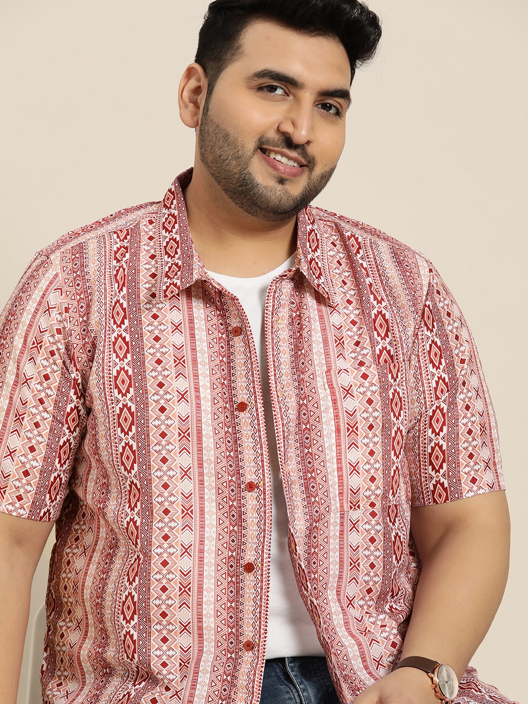 

Sztori Men Plus Size Pink & White Printed Casual Shirt