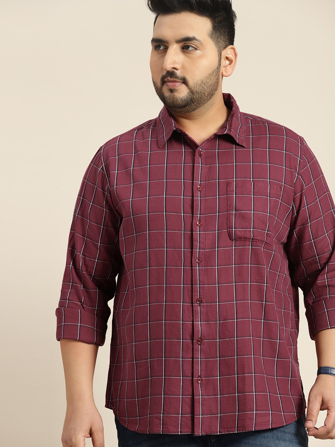 

Sztori Plus Size Cotton Grid Tattersall Checked Casual Shirt, Maroon