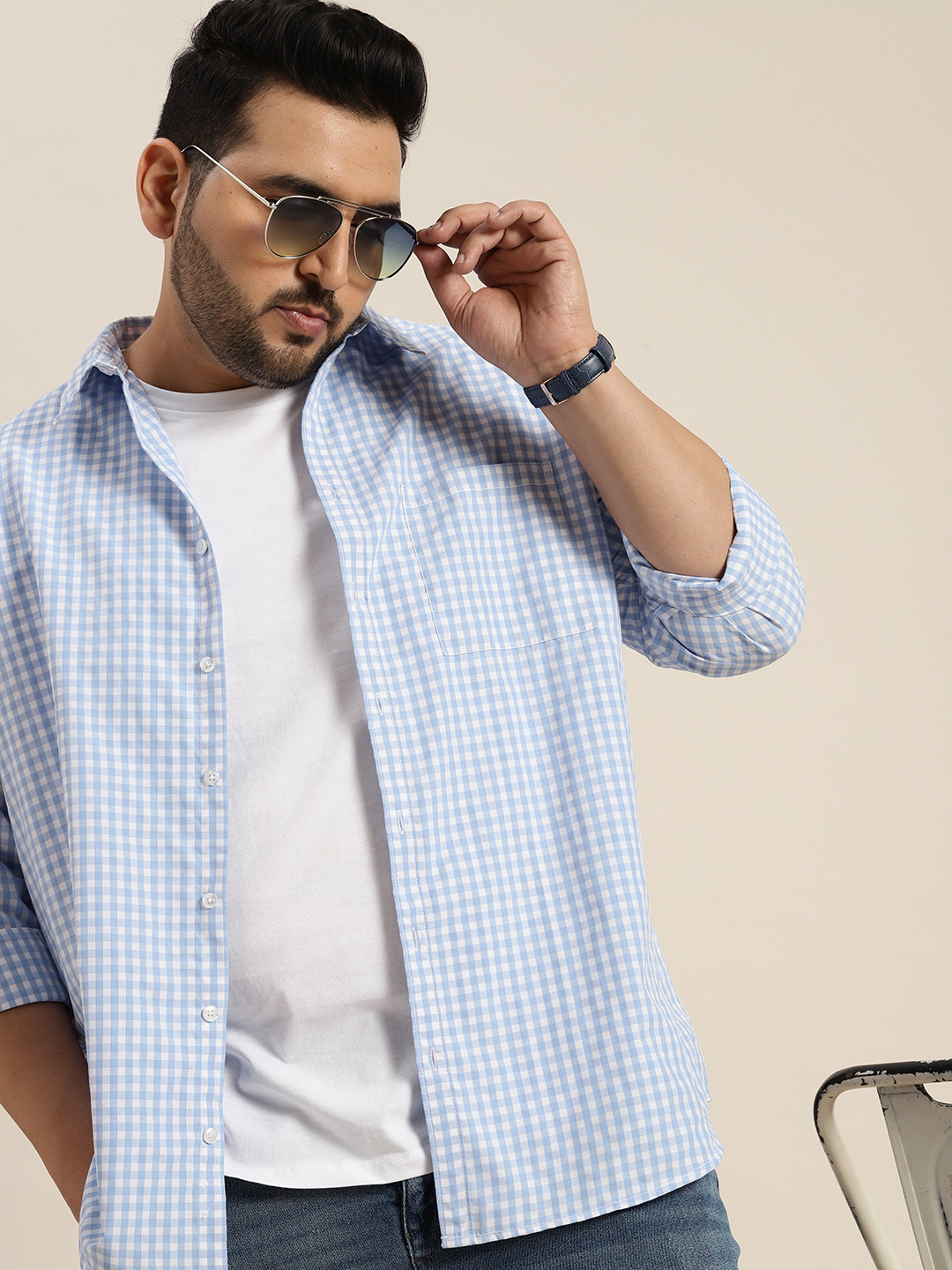 

Sztori Plus Size Gingham Checked Opaque Casual Shirt, Blue