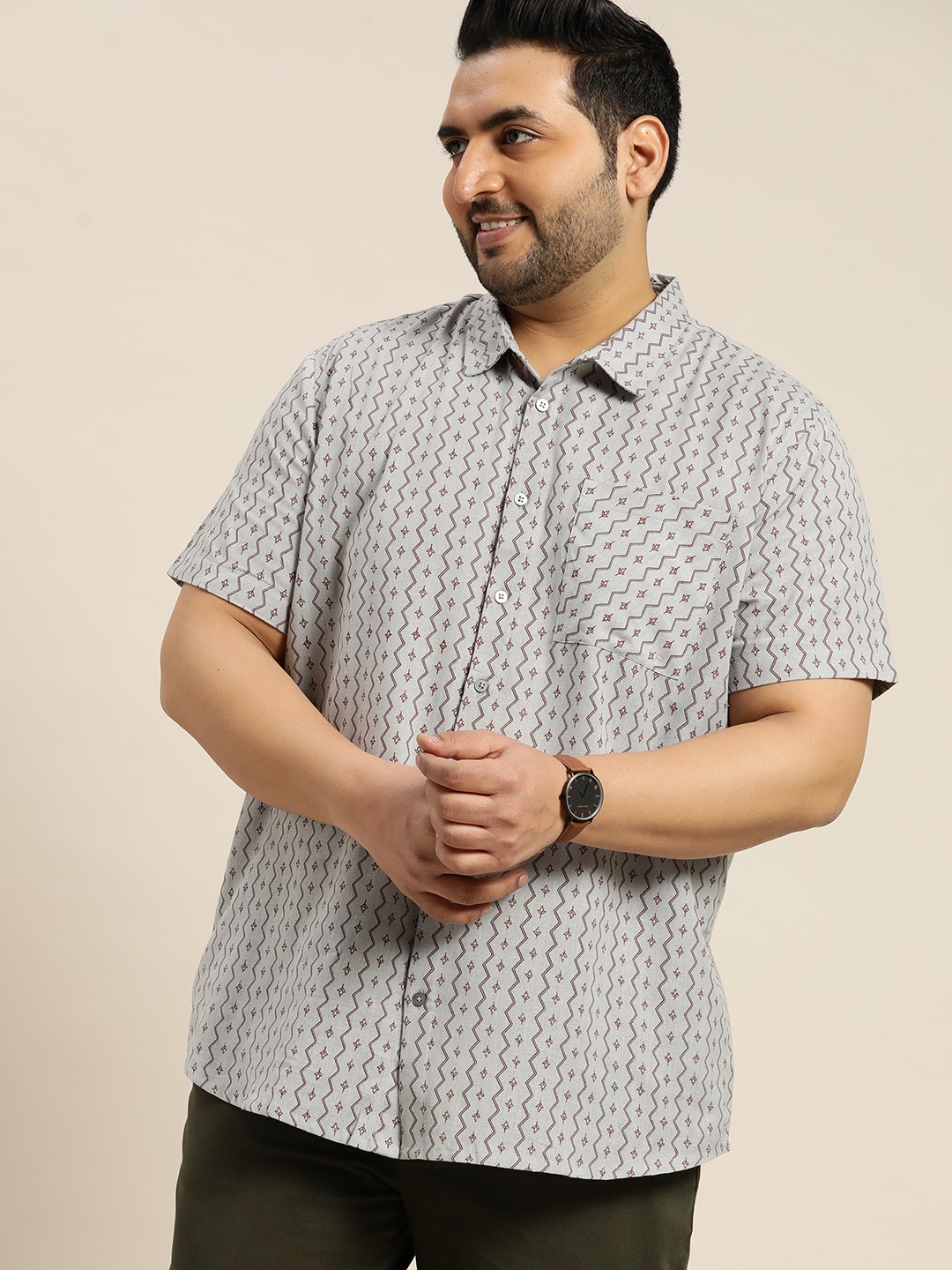 

Sztori Men Plus Size Pure Cotton Printed Casual Shirt, Grey
