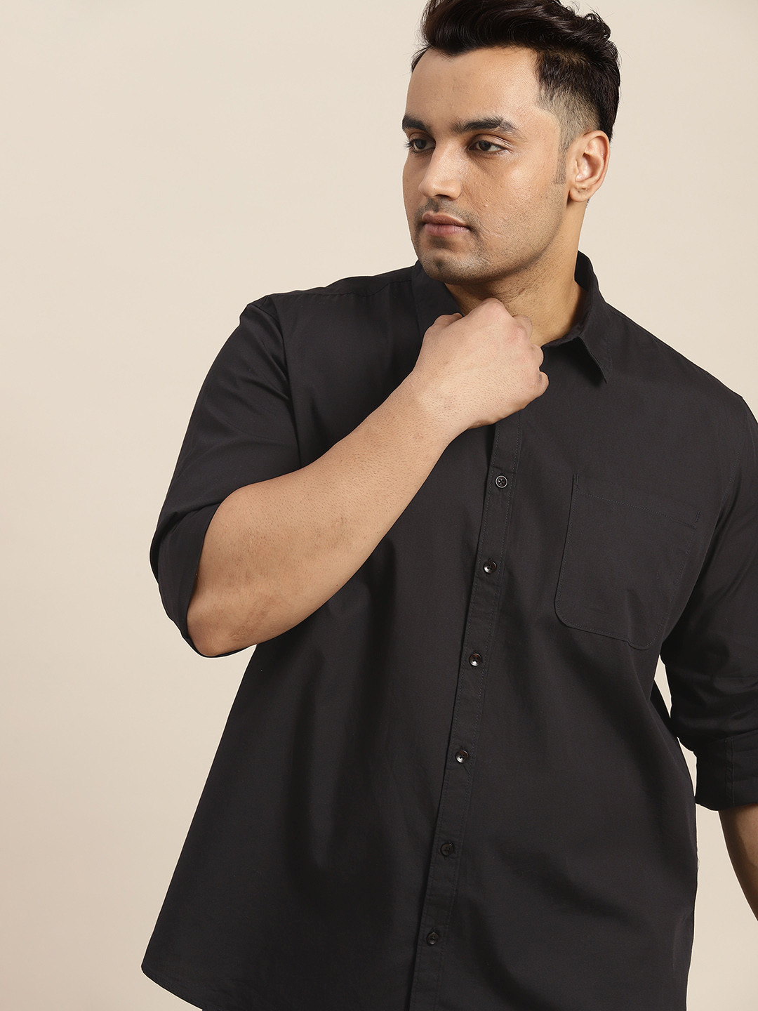 

Sztori Men Plus Size Pure Cotton Patch Pocket Roll-up Sleeve Shirt, Black