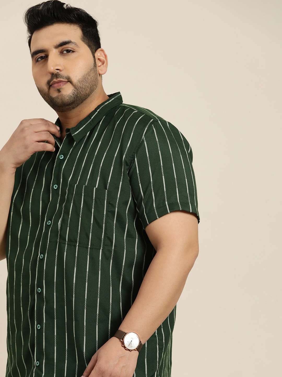 

Sztori Men Plus Size Green & White Striped Casual Shirt
