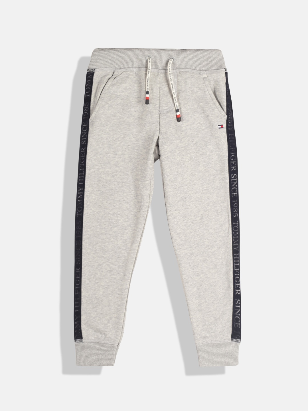 

Tommy Hilfiger Boys Grey Melange Solid Pure Cotton Joggers with Side Striped Detail