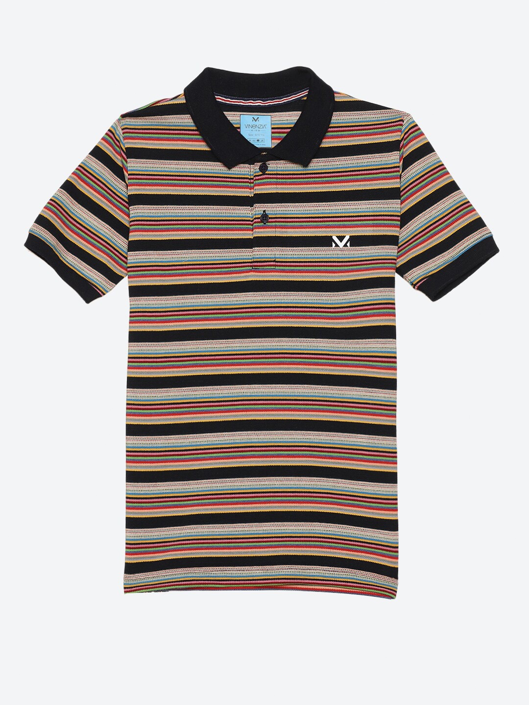 

VINENZIA Boys Black & Multicoloured Striped Polo Collar T-shirt