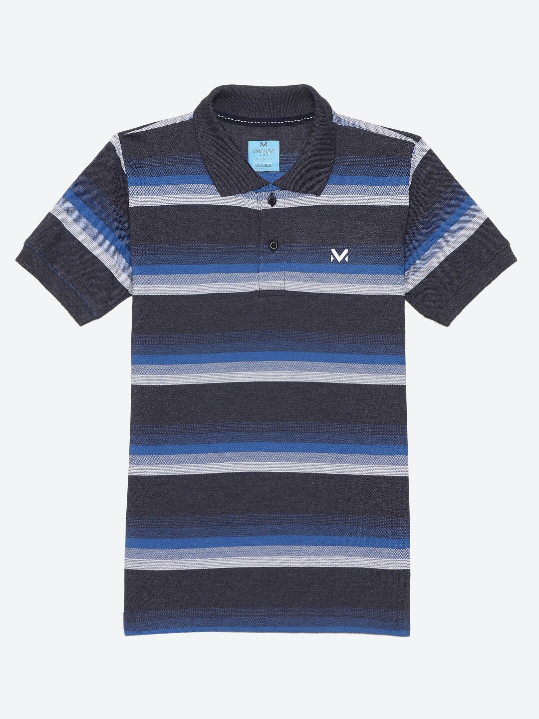

VINENZIA Kids-Boys Blue Striped Polo Collar Raw Edge T-shirt
