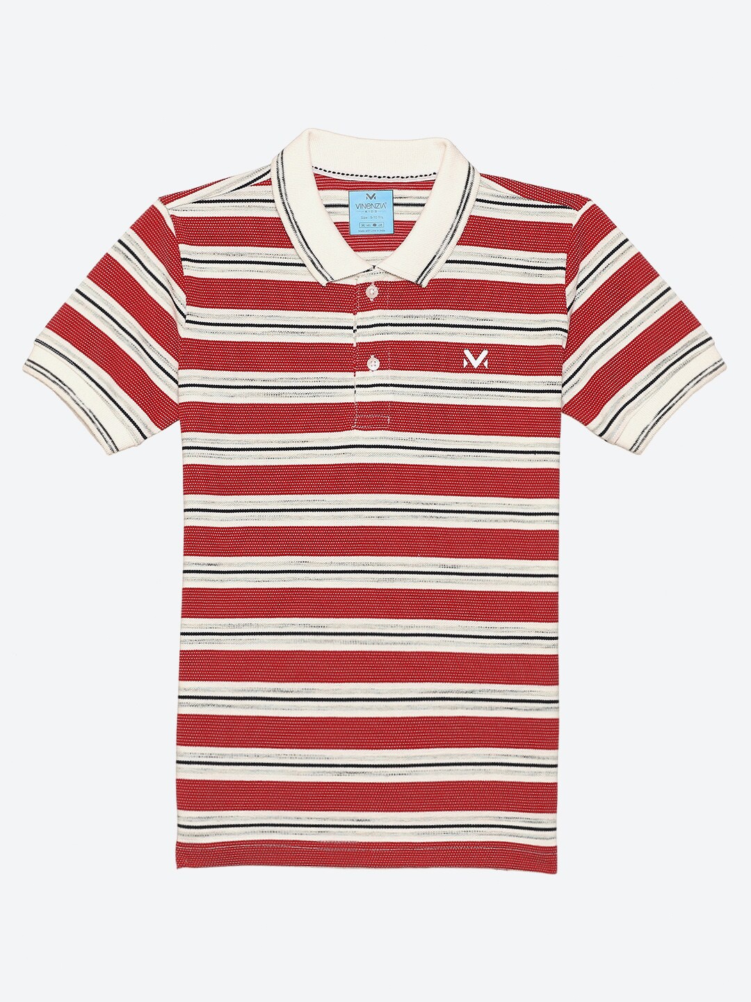 

VINENZIA Boys Red & Cream-Coloured Striped Polo Collar T-shirt