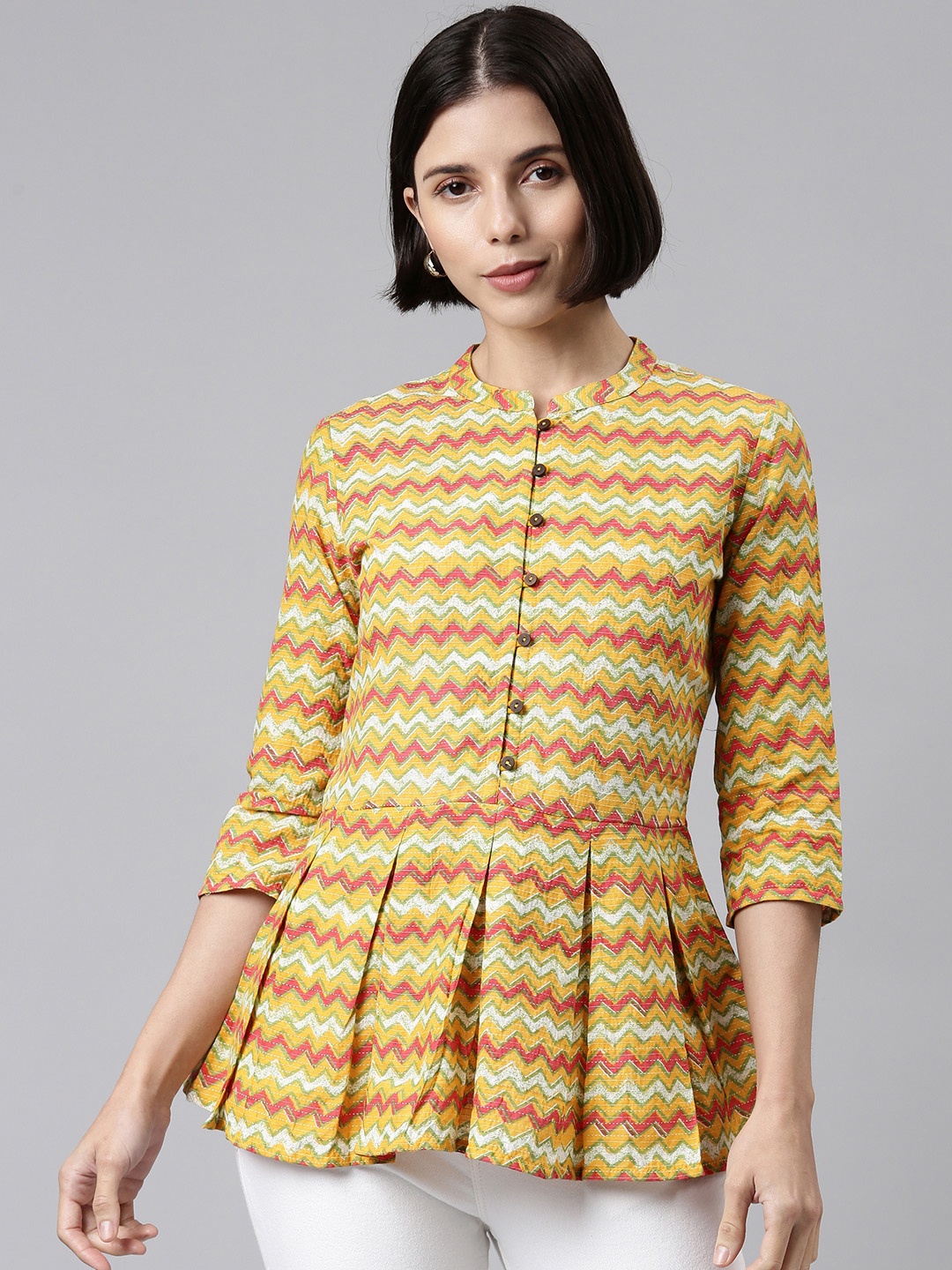 

MALHAAR Yellow & Red Geometric Print Mandarin Collar Cotton Peplum Top