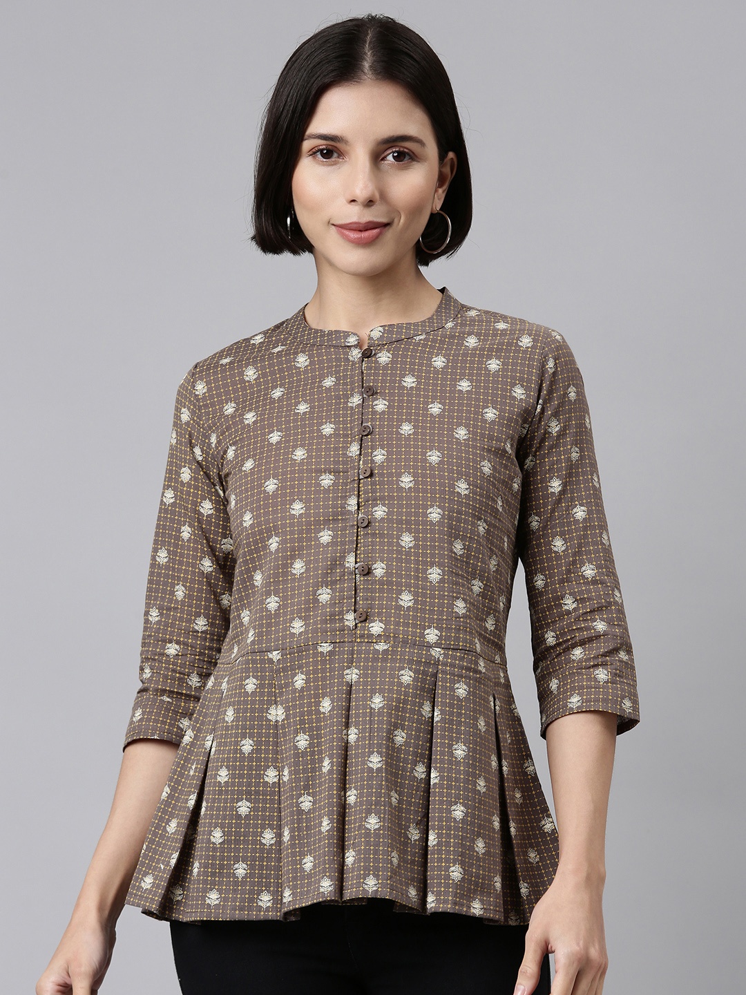 

MALHAAR Brown Floral Print Mandarin Collar Cotton Peplum Kurti