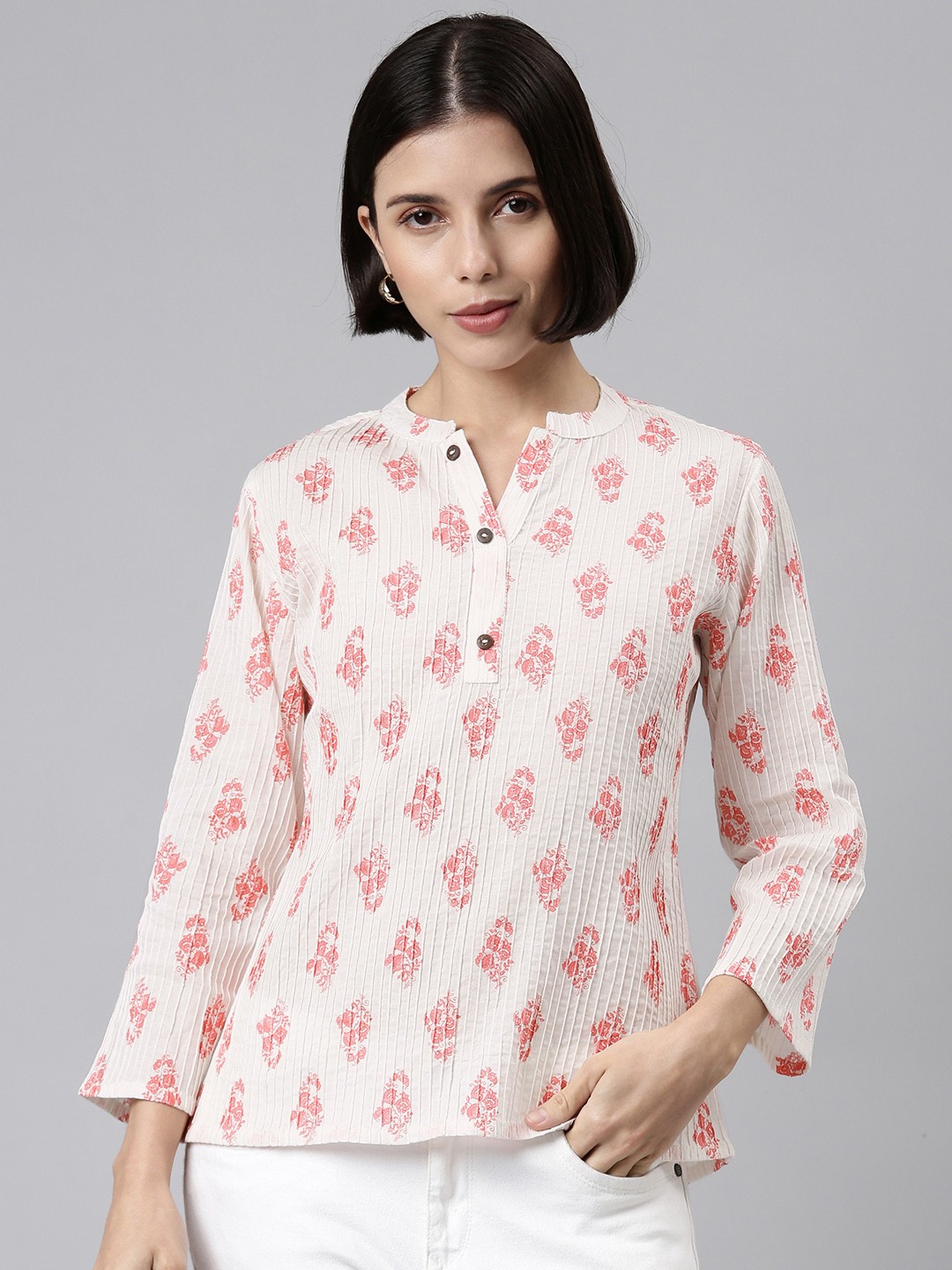 

MALHAAR White & Pink Floral Print Mandarin Collar Cotton Top