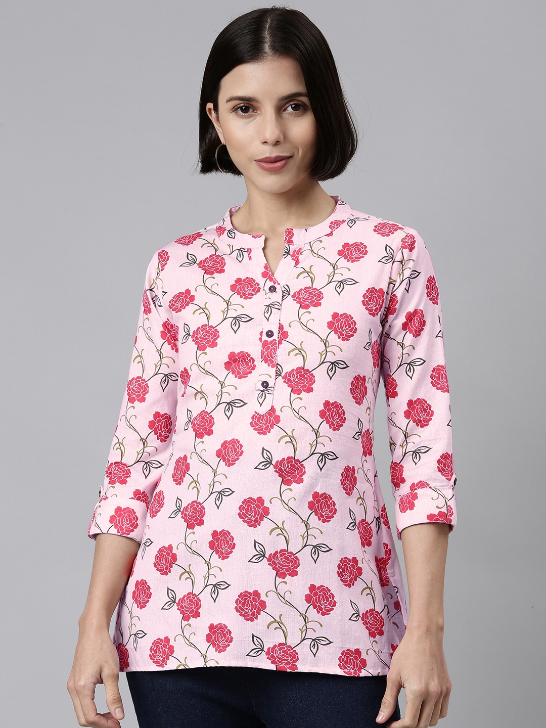 

MALHAAR Pink & Blue Floral Print Mandarin Collar Top